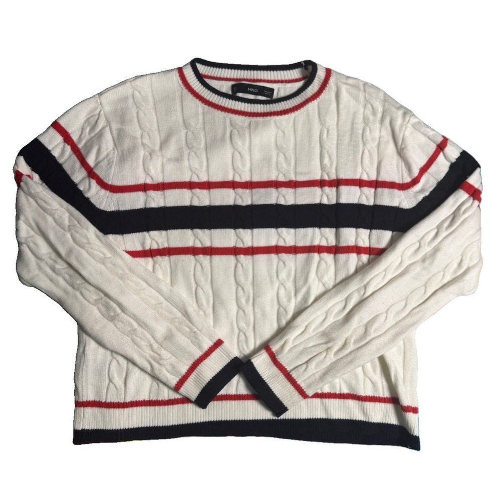 Mango MNG Womens Medium White w Red Black Striped CrewNeck Sweater EUC